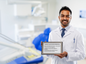 The dentist is showing his tablet with the trending dental marketing topics